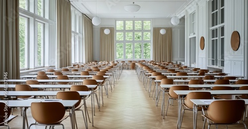 An overhead perspective of a secondary high school exam hall showcases a room set up with orderly desks, tables, and papers, ready for the students to start their exam