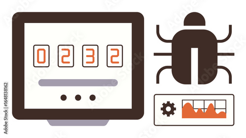 Monitor displaying numeric code, bug icon symbolizing errors, chart displaying analysis. Ideal for cybersecurity, system failure, debugging, data analysis, malware coding error IT support. Flat