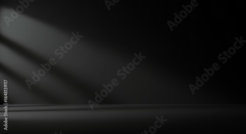 Fototapeta Naklejka Na Ścianę i Meble -  Dark minimalist interior room with dramatic shadow play and architectural lighting creating moody atmospheric space for luxury design concepts