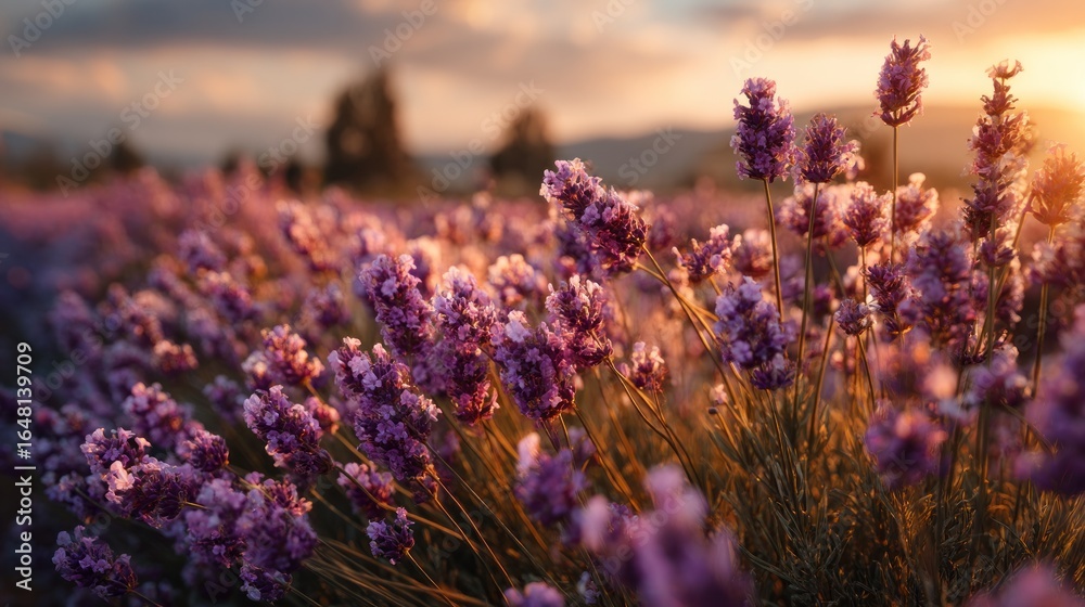 Obraz premium Beautiful Lavender Field at Sunset, Capturing Nature's Serene and Peaceful Beauty