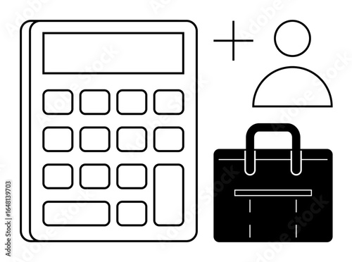 Calculator alongside a briefcase and user adds visual elements of finance management, business, and teamwork. Ideal for accounting, productivity, entrepreneurship, money, career, planning
