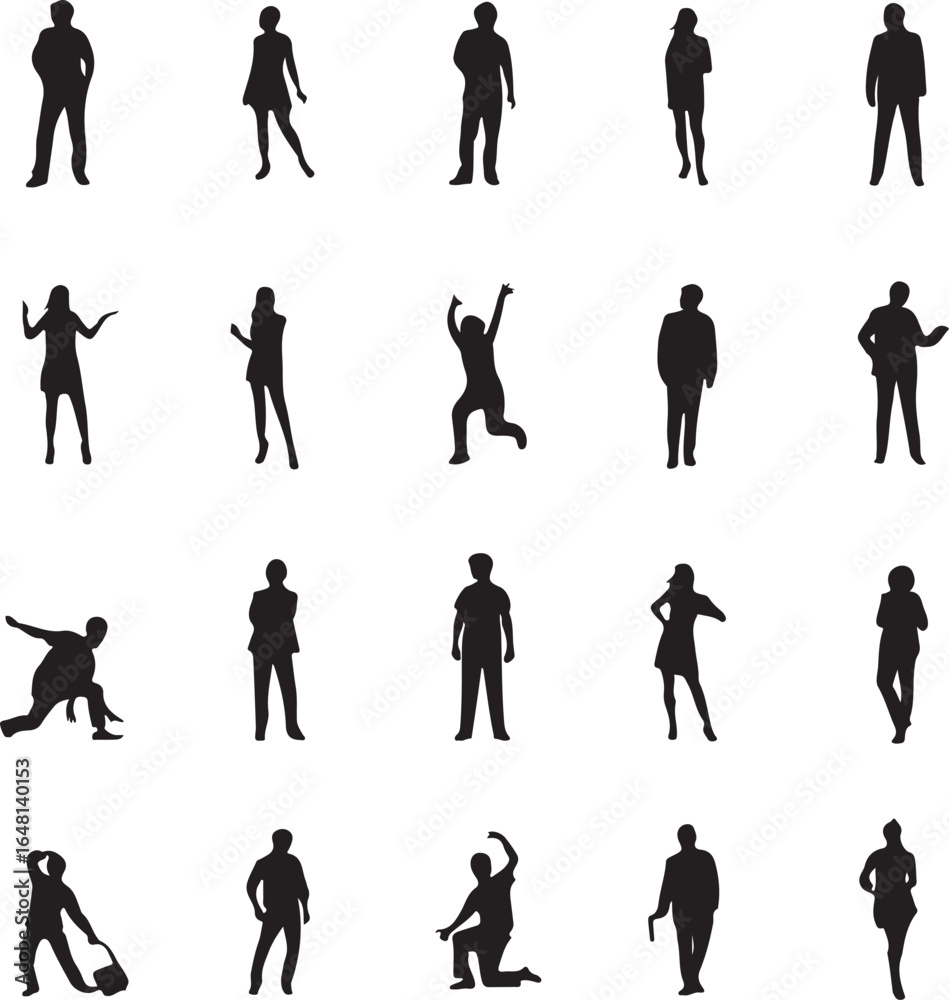 Fototapeta premium Diverse human figures in various poses and actions people silhouettes