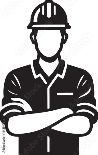 Worker construction hard hat crossed arms safety helmet uniform