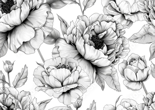 Wallpaper Mural Monochrome peony floral seamless pattern, textile design Torontodigital.ca
