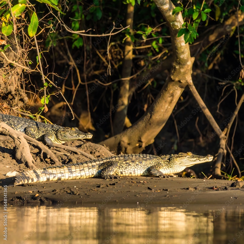 Obraz premium Crocodiles resting on riverbank (1)