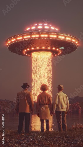 Three people watching a UFO rotating & beaming down energy