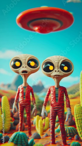 Colorful aliens talking to each other on a surreal landscape.