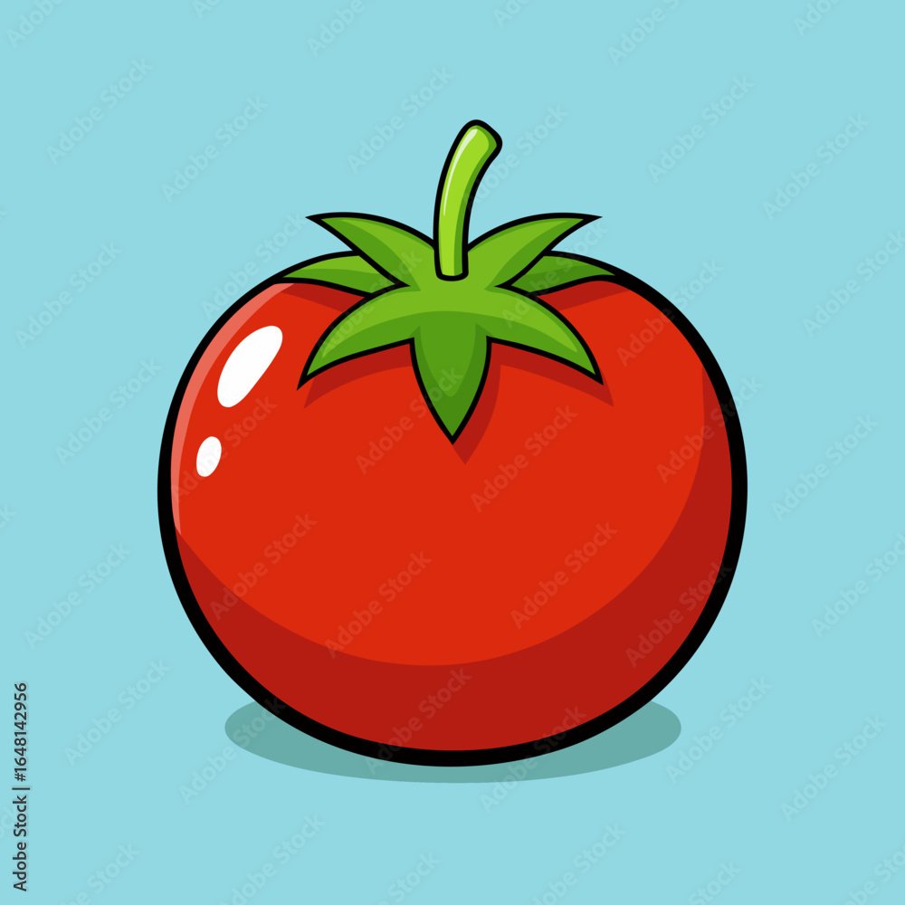 Ripe, red tomato vector illustration with a fresh green leaf on a white background Ripe, red tomato vector illustration with a fresh green leaf on a white background