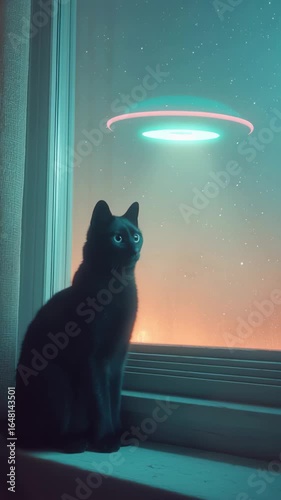 A black cat in window watching a UFO.