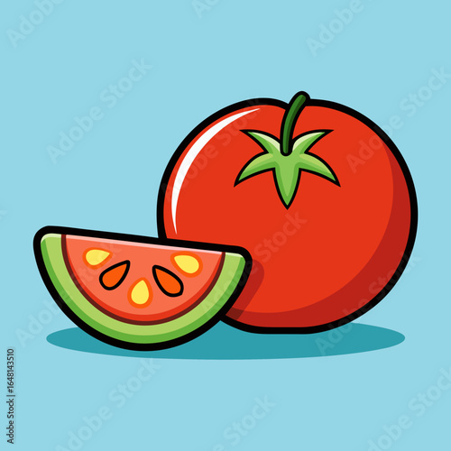 Fresh, healthy tomato and cucumber vector illustration with a ripe, red tomato slice
