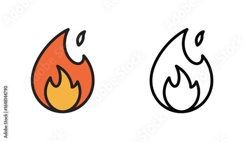 Illustration of a Fire Flame with a Bold Outline and a Color Version Side by Side