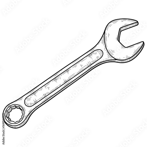 Combination wrench with vintage hand-drawn lines, hand-drawn style