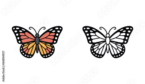 Colorful Monarch Butterfly and an Uncolored Butterfly Side by Side on a White Background