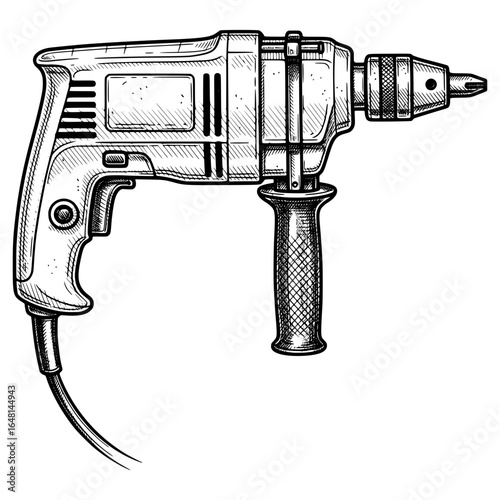 Corded drill in vintage hand-drawn style, hand-drawn style