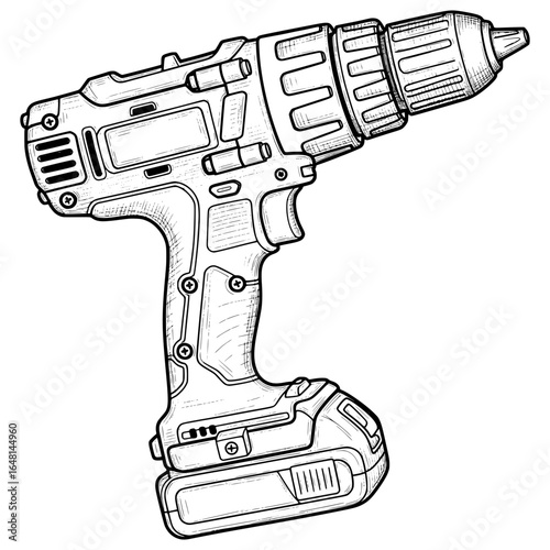 Cordless drill with detailed illustration, hand-drawn style