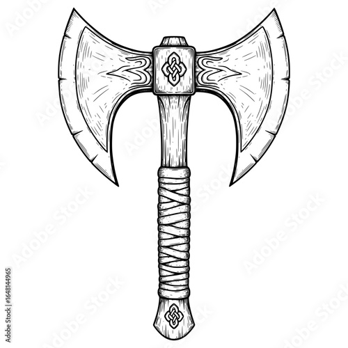 Double-headed axe with vintage detailed outline, hand-drawn style