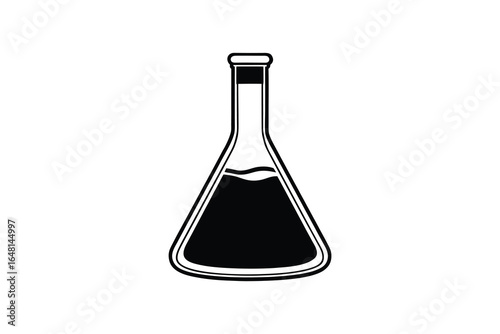 A black liquid in a laboratory Erlenmeyer flask on a white background silhouette