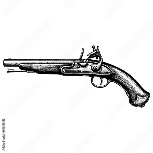 Vintage flintlock pistol with detailed sketch lines, hand-drawn style