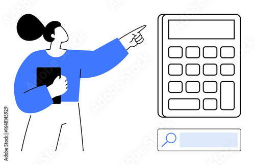 Woman holding a clipboard points to an oversized calculator near a search bar. Ideal for financial tools, education, planning, technology, decision-making, analytics, and a simple landing page