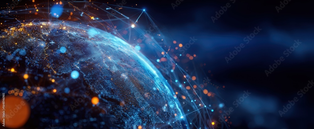 Obraz premium The Earth as a glowing digital network with interconnected nodes and streaming data lights