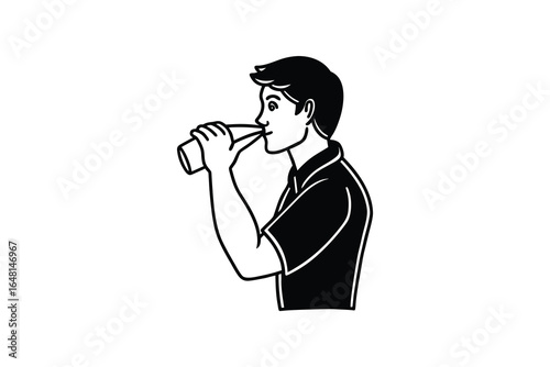 Man drinking from a cup in a simple line drawing style illustration silhouette