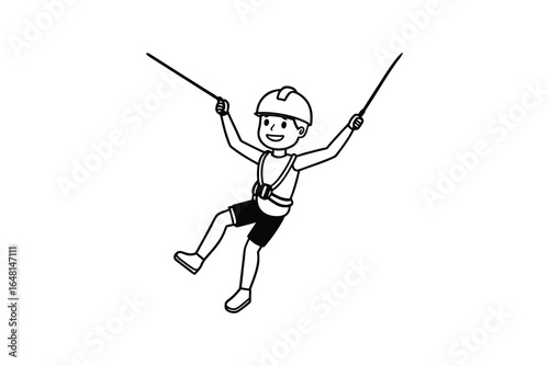 A cartoon boy wearing a helmet and harness on a zipline adventure outdoors silhouette