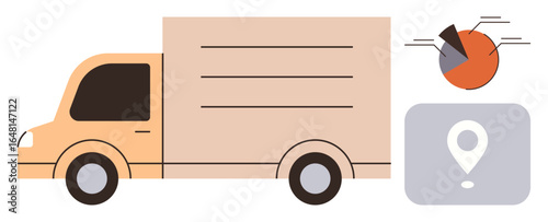 Truck with wheels, location pin symbol, pie chart analytics diagram. Ideal for transportation, logistics, delivery, shipping, route tracking fleet management business growth. Simple flat metaphor