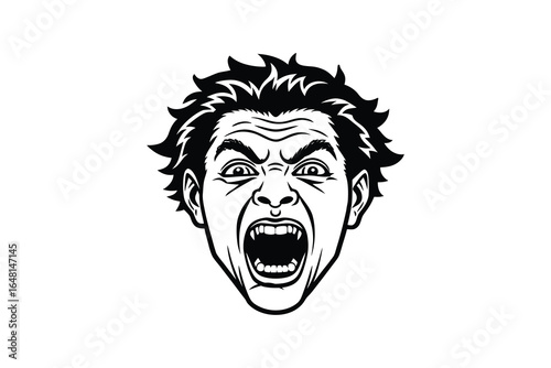 A black and white illustration of an angry man s face with an open mouth silhouette