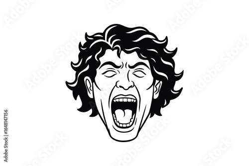 A black and white illustration of a person screaming with a shocked expression silhouette