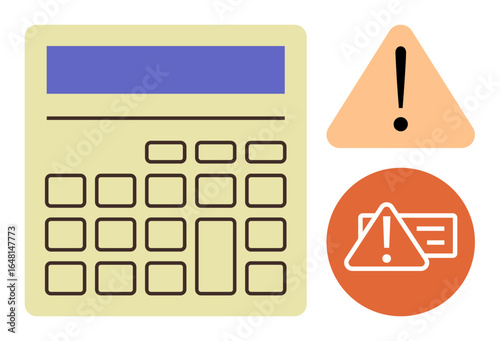Large calculator with numerical buttons, yellow triangle with exclamation mark, orange circle with alert. Ideal for finance, accounting, risk, error, warning, troubleshooting simple flat metaphor