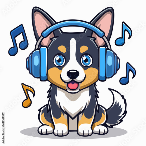 music-loving Shetland Sheepdog puppy with purple headphones – upbeat vector illustration