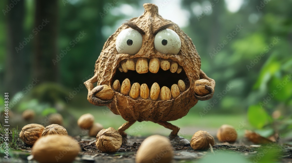 Cartoon Nut Character with Angry Expression Standing in Forest Cartoon Nut Character with Angry Expression Standing in Forest