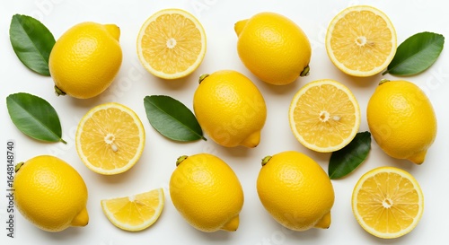 Wallpaper Mural Fresh yellow lemons whole and halved with green leaves on white background, citrus fruit flat lay composition showing juicy segments Torontodigital.ca