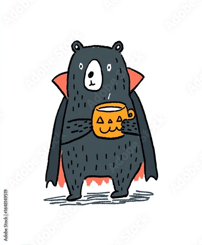 Adorable Halloween Bear in Vampire Costume Sipping from a Festive Pumpkin Mug