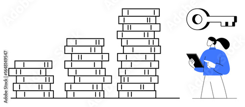 Stacked coins grow in height, symbolizing financial success. A woman holding a tablet evaluates data under a key, representing savings, investment, and decision-making. Ideal for finance, strategy