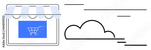 Digital storefront with awning, shopping cart icon on screen, and abstract cloud. Ideal for e-commerce, cloud computing, online business, retail, technology delivery internet services. Clean simple