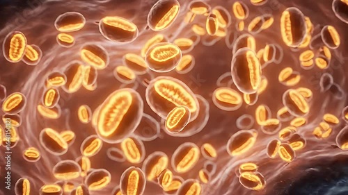 Slow orbital 3D view of glowing mitochondria multiplying inside a semi-transparent cell, visualizing rejuvenating biogenesis at the source