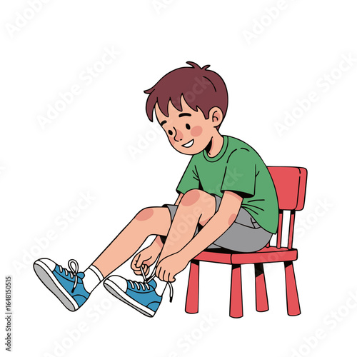 Young boy tying his shoelaces while sitting on a chair, illustration of a child's daily routine