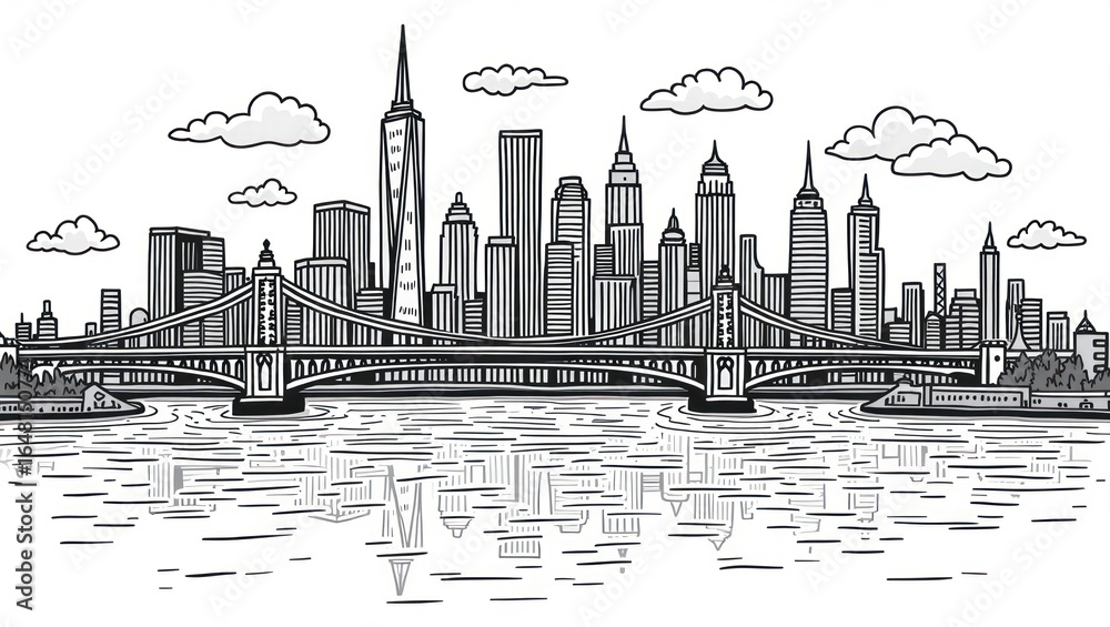 Obraz premium Hand-drawn illustration of a city skyline with a bridge.