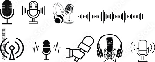 Audio Communication Icons – Headphones, Microphone, Sound Wave Vector Set