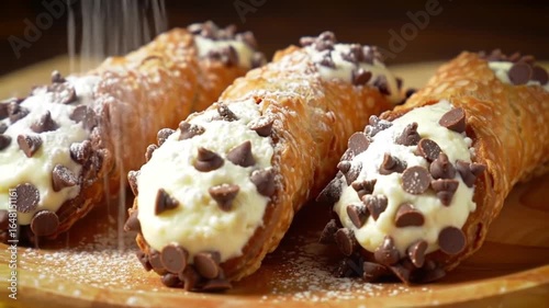 Italian cannoli with ricotta filling and chocolate chip ends.