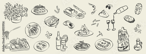Italian food dishes and charcuterie in hand drawn whimsical style. Sketch chalk doodles of breakfast and dinner meals. Crayon drawing for menus and invitations. La dolce vita vector illustration