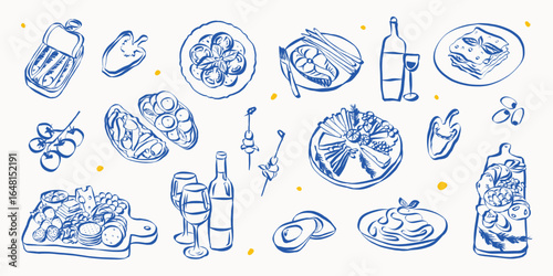 Italian food dishes and charcuterie in hand drawn whimsical style. Sketch chalk doodles of breakfast and dinner meals. Crayon drawing for menus and invitations. La dolce vita vector illustration