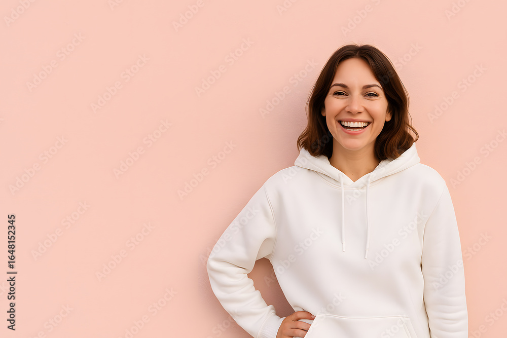 Fototapeta premium Portrait of smiling woman in white hoodie against pink background shot