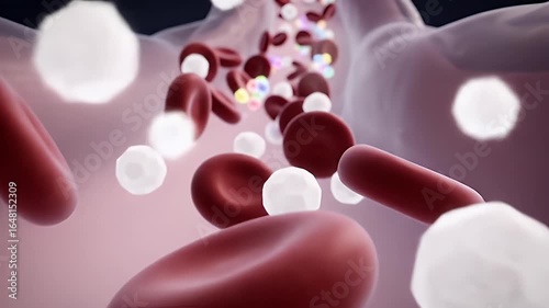 Scientific 3D fly-through of a bloodstream where sugar particles decrease and dissolve, normalizing into a balanced glucose flow