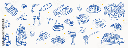 Italian food dishes and charcuterie in hand drawn whimsical style. Sketch chalk doodles of breakfast and dinner meals. Crayon drawing for menus and invitations. La dolce vita vector illustration