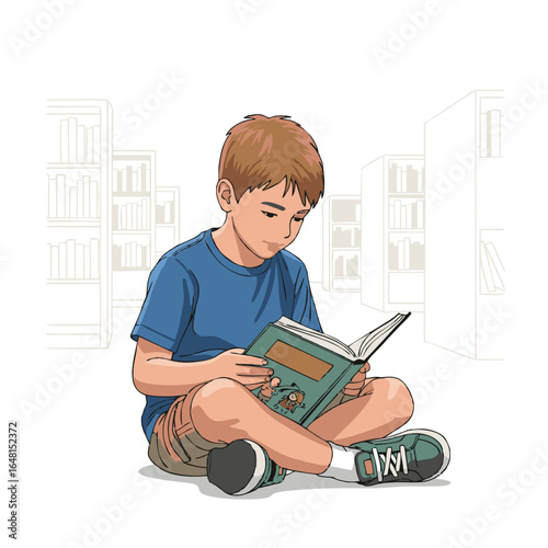 Cartoon illustration of a young boy sitting on the floor, deeply engaged in the learning activity of reading a book.