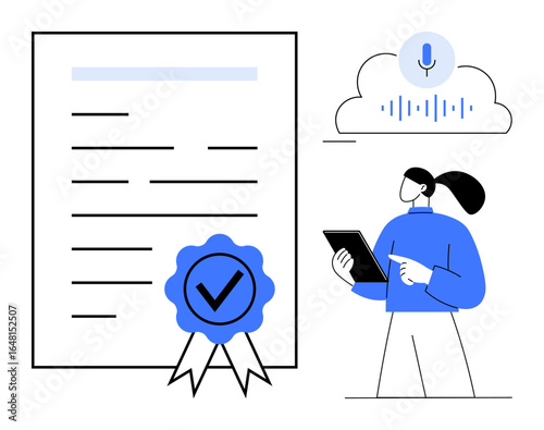 Certificate with ribbon checkmark, voice recognition icon in cloud, woman with tablet. Ideal for tech, education, authentication, e-learning, mobile apps, communication simple landing page