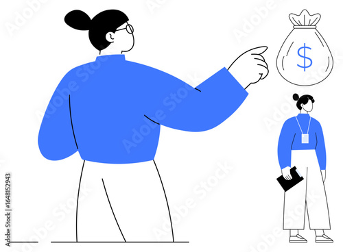 Wallpaper Mural Woman pointing towards a money bag symbolizing financial aspirations, career growth, and income planning. Ideal for finance, investment, career, savings, motivation, business simple flat metaphor Torontodigital.ca
