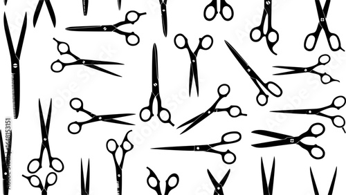 Black scissor silhouettes in different shapes, oriented in different directions, set on white